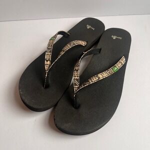 Sanuk Yoga Mat Flip Flops Womens Black Tan Tribal Print Thong Sandals Size 10